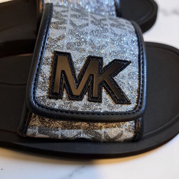 Michael Kors Women's Logo Silver Black Glitter Slides Size 8M - Picture 5 of 8